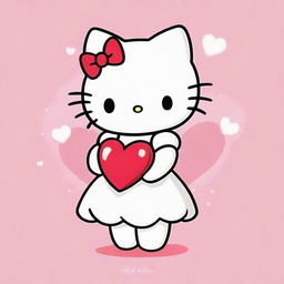 A cute anime-style drawing of Hello Kitty wearing a white dress and holding a red heart