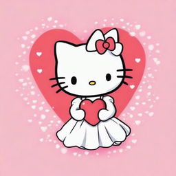 A cute anime-style drawing of Hello Kitty wearing a white dress and holding a red heart