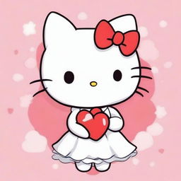 A cute anime-style drawing of Hello Kitty wearing a white dress and holding a red heart