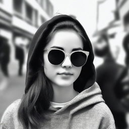 A black-and-white profile picture of a 20-year-old woman wearing stylish sunglasses and a hoodie