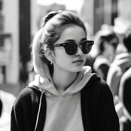 A black-and-white profile picture of a 20-year-old woman wearing stylish sunglasses and a hoodie