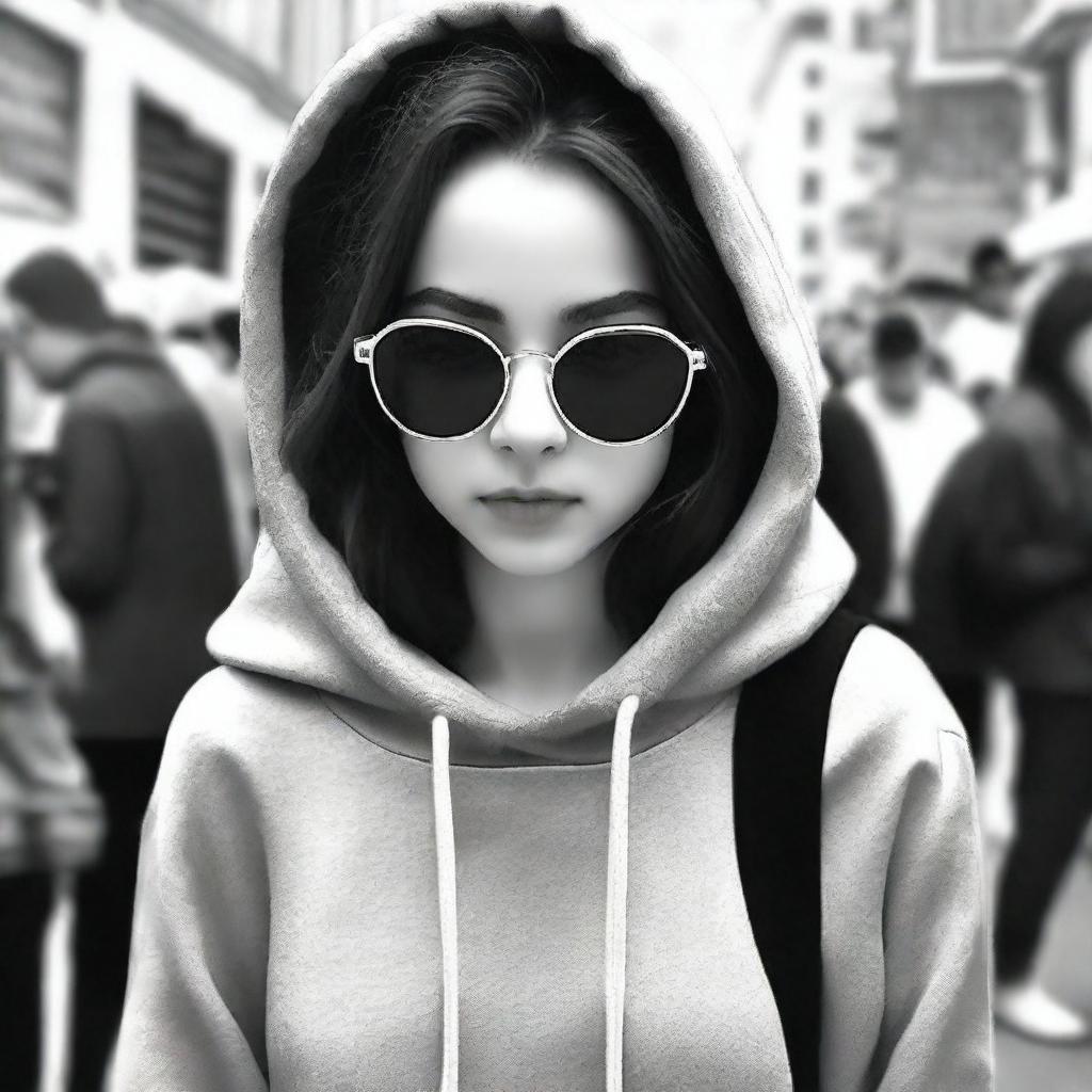 A black-and-white profile picture of a 20-year-old woman wearing stylish sunglasses and a hoodie