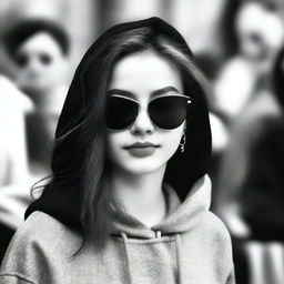 A black-and-white profile picture of a 20-year-old woman wearing stylish sunglasses and a hoodie