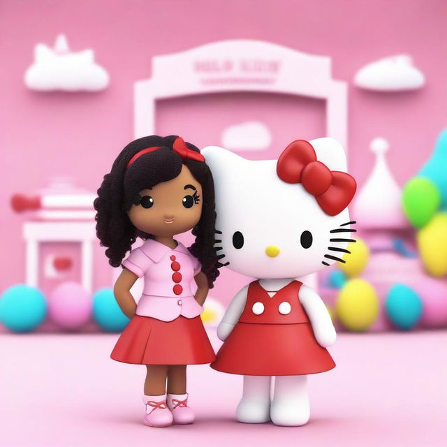 A 3D rendering of Hello Kitty standing next to Ayesha Nichole Smith