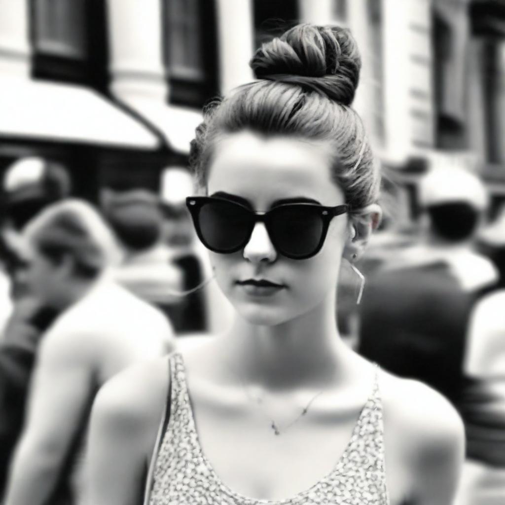 A black-and-white profile picture of a 20-year-old woman wearing stylish sunglasses and a messy bun