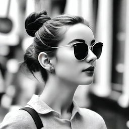 A black-and-white profile picture of a 20-year-old woman wearing stylish sunglasses and a messy bun