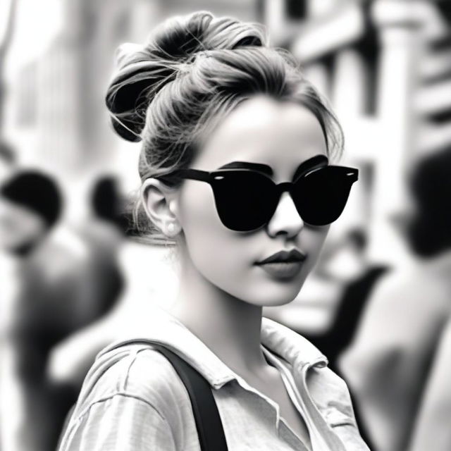 A black-and-white profile picture of a 20-year-old woman wearing stylish sunglasses and a messy bun