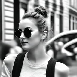 A black-and-white profile picture of a 20-year-old woman wearing stylish sunglasses and a messy bun