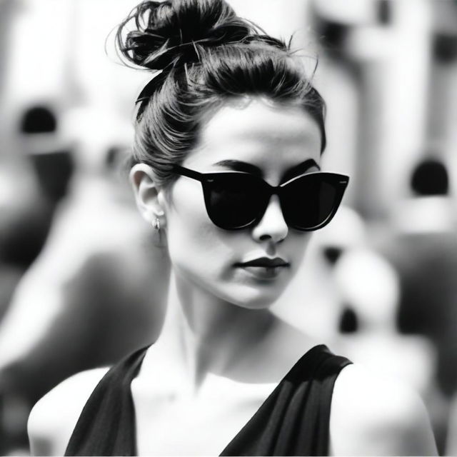 A black-and-white profile picture of a 30-year-old woman wearing stylish sunglasses and a messy bun