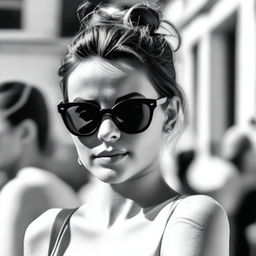 A black-and-white profile picture of a 30-year-old woman wearing stylish sunglasses and a messy bun