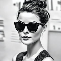 A black-and-white profile picture of a 30-year-old woman wearing stylish sunglasses and a messy bun