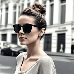 A black-and-white profile picture of a 30-year-old woman wearing stylish sunglasses and a messy bun