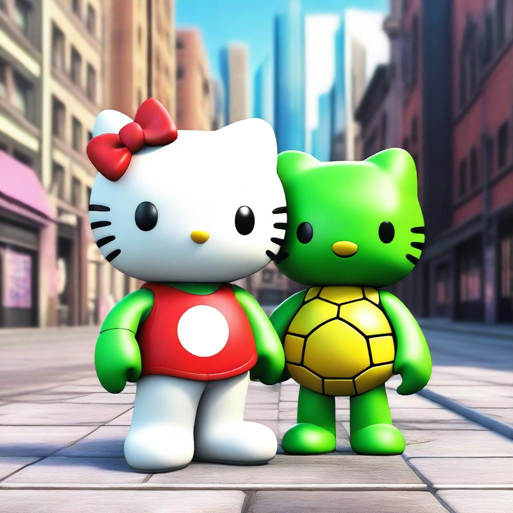 A 3D rendering of Hello Kitty standing next to TMNT Raphael