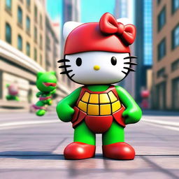 A 3D rendering of Hello Kitty standing next to TMNT Raphael