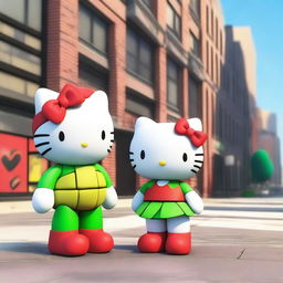 A 3D rendering of Hello Kitty standing next to TMNT Raphael