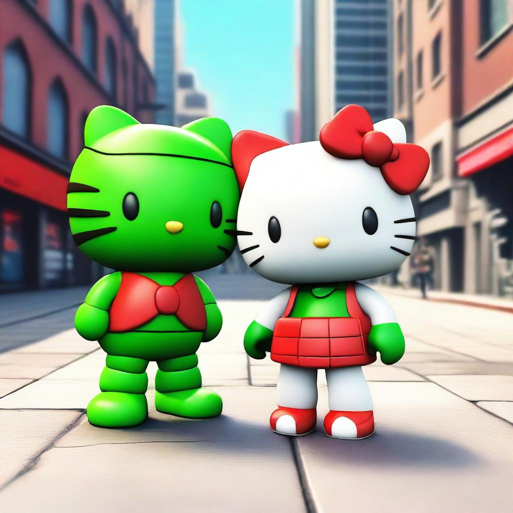 A 3D rendering of Hello Kitty standing next to TMNT Raphael