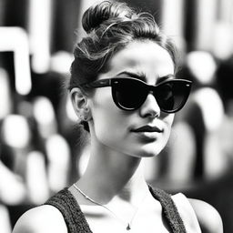 A black-and-white profile picture of a 30-year-old woman with a messy bun, wearing stylish sunglasses