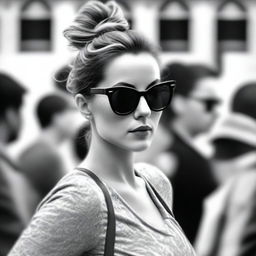 A black-and-white profile picture of a 30-year-old woman with a messy bun, wearing stylish sunglasses