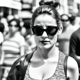 A black-and-white profile picture of a 30-year-old woman with a messy bun, wearing stylish sunglasses