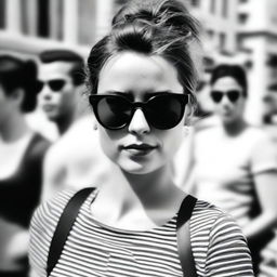 A black-and-white profile picture of a 30-year-old woman with a messy bun, wearing stylish sunglasses