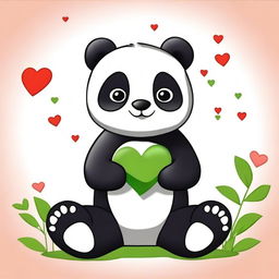 A cute drawing of a panda sitting down, eating bamboo with one hand and holding a heart in the other hand