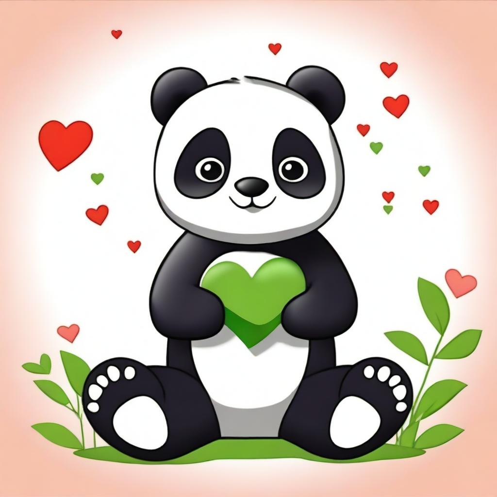 A cute drawing of a panda sitting down, eating bamboo with one hand and holding a heart in the other hand