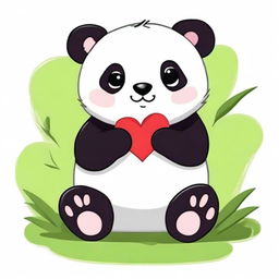 A cute drawing of a panda sitting down, eating bamboo with one hand and holding a heart in the other hand