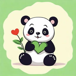 A cute drawing of a panda sitting down, eating bamboo with one hand and holding a heart in the other hand