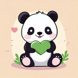 A cute drawing of a panda sitting down, eating bamboo with one hand and holding a heart in the other hand