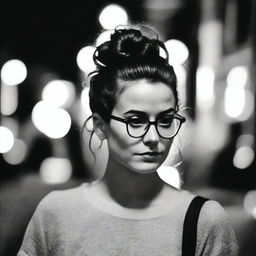 A black-and-white profile picture taken at night of a 30-year-old woman with a messy bun, wearing glasses