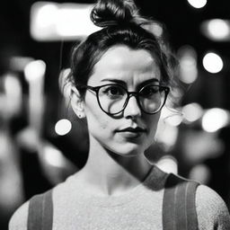 A black-and-white profile picture taken at night of a 30-year-old woman with a messy bun, wearing glasses