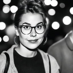 A black-and-white profile picture taken at night of a 30-year-old woman with a messy bun, wearing glasses