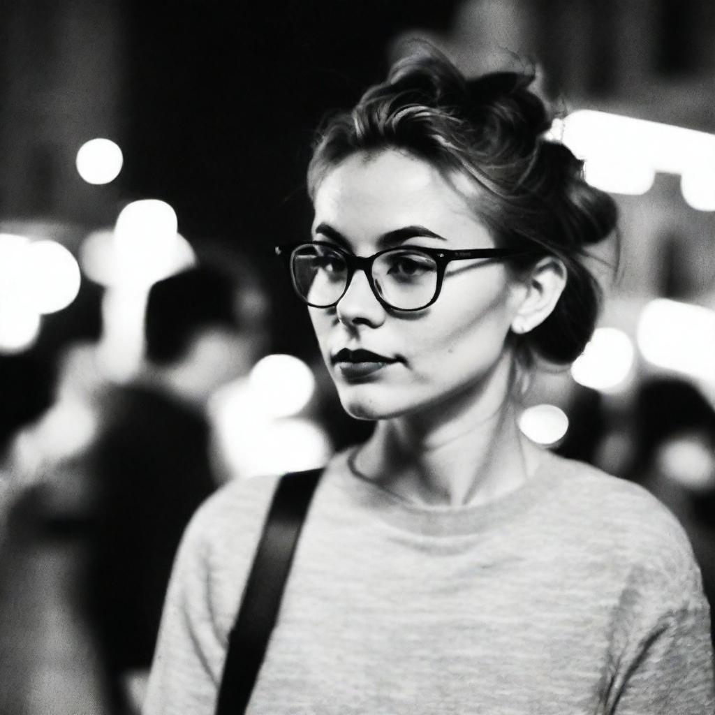 A black-and-white profile picture taken at night of a 30-year-old woman with a messy bun, wearing glasses