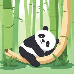 A cute drawing of a panda sleeping peacefully on a big bamboo stalk