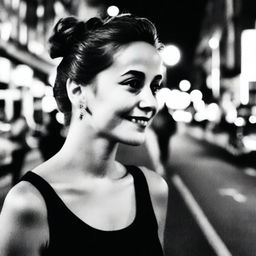 A black-and-white profile picture taken at night of a 30-year-old woman with a messy bun, wearing a dress