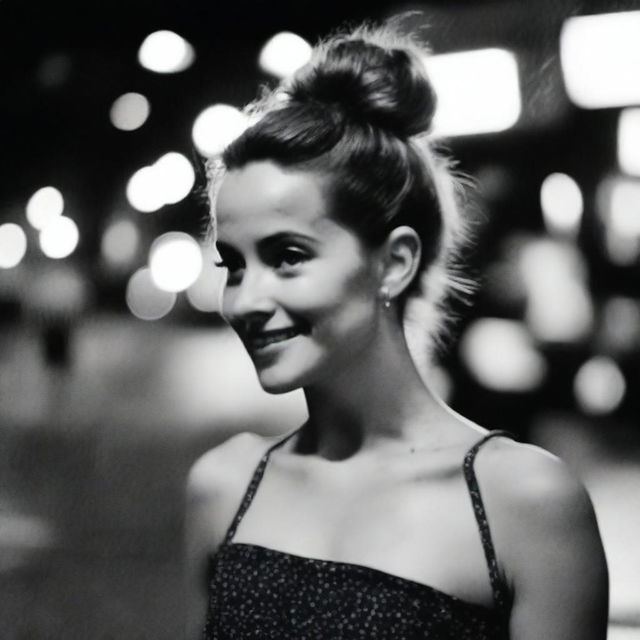 A black-and-white profile picture taken at night of a 30-year-old woman with a messy bun, wearing a dress