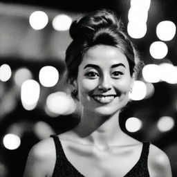 A black-and-white profile picture taken at night of a 30-year-old woman with a messy bun, wearing a dress