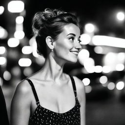 A black-and-white profile picture taken at night of a 30-year-old woman with a messy bun, wearing a dress