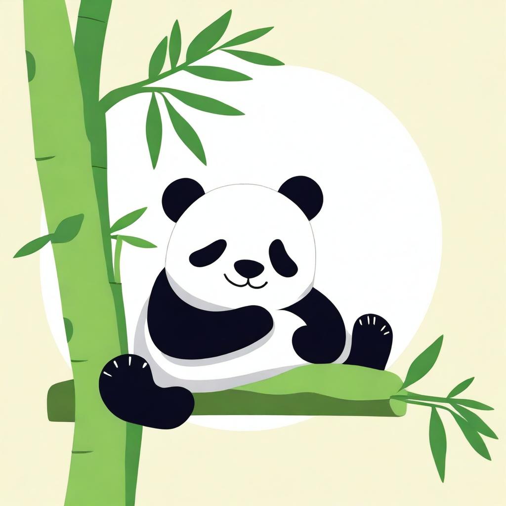 A cute drawing of a panda sleeping peacefully on a big bamboo stalk