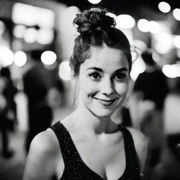 A black-and-white profile picture taken at night of a 30-year-old woman with a messy bun, wearing a dress