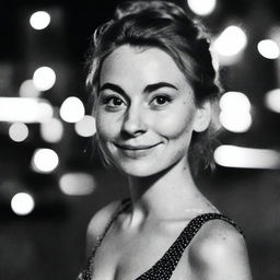 A black-and-white profile picture taken at night of a 30-year-old woman with a messy bun, wearing a dress