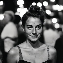 A black-and-white profile picture taken at night of a 30-year-old woman with a messy bun, wearing a dress