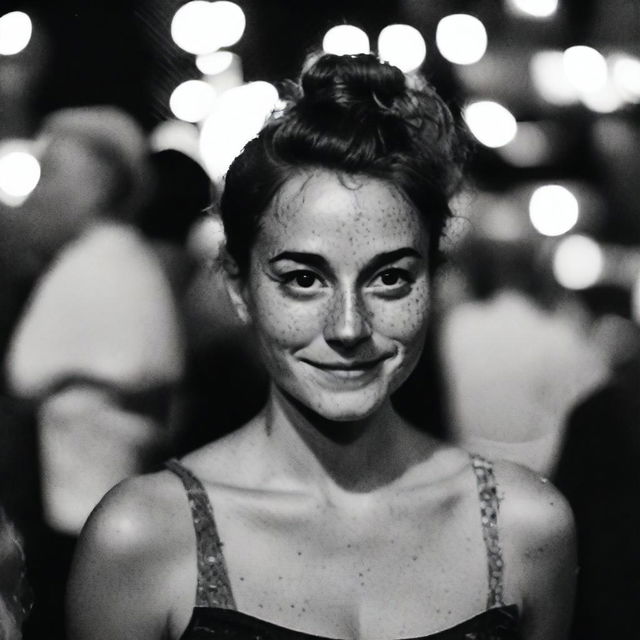 A black-and-white profile picture taken at night of a 30-year-old woman with a messy bun, wearing a dress