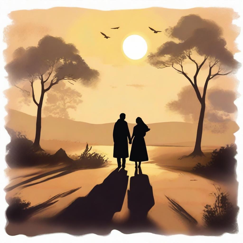 A romantic scene depicting 'light beyond the shadows,' where a couple stands together in a beautiful, serene landscape