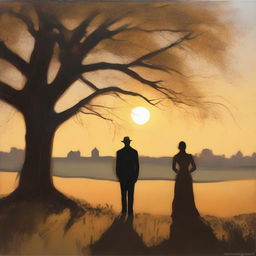 A romantic scene depicting 'light beyond the shadows,' where a couple stands together in a beautiful, serene landscape