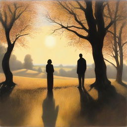 A romantic scene depicting 'light beyond the shadows,' where a couple stands together in a beautiful, serene landscape