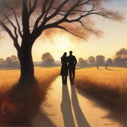 A romantic scene depicting 'light beyond the shadows,' where a couple stands together in a beautiful, serene landscape