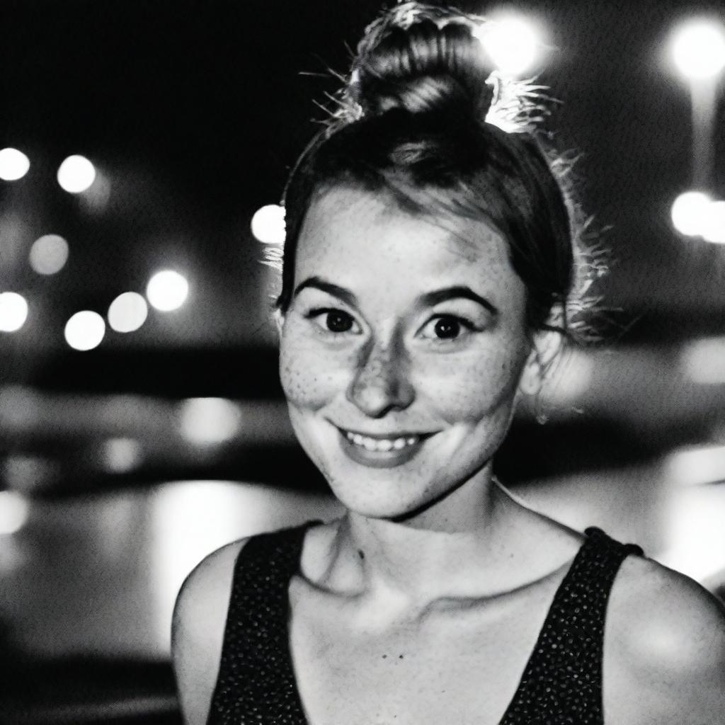 A black-and-white profile picture taken at night of a 30-year-old woman with a messy bun, wearing a dress