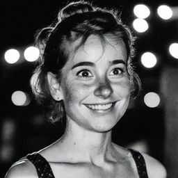 A black-and-white profile picture taken at night of a 30-year-old woman with a messy bun, wearing a dress