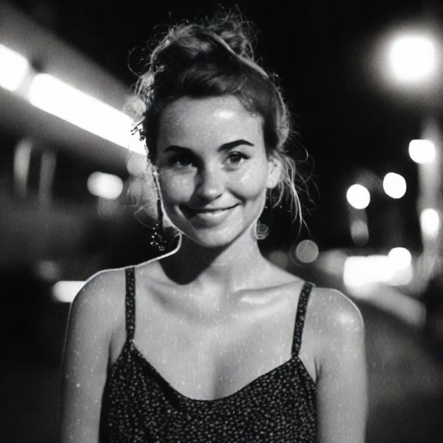 A black-and-white profile picture taken at night of a 30-year-old woman with a messy bun, wearing a dress